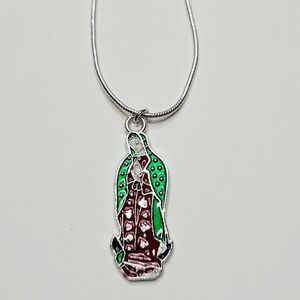 NWT Miraculous Virgin Mary Our Lady Of Guadalupe Necklace Silver, Red And Green